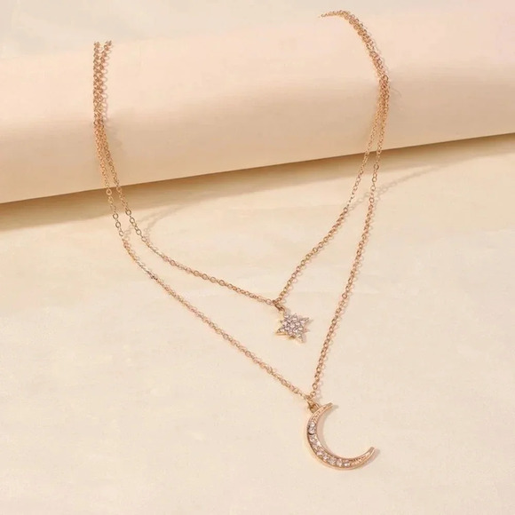 Dainty Layer Boho Gold Moon Star Necklace - Picture 4 of 5